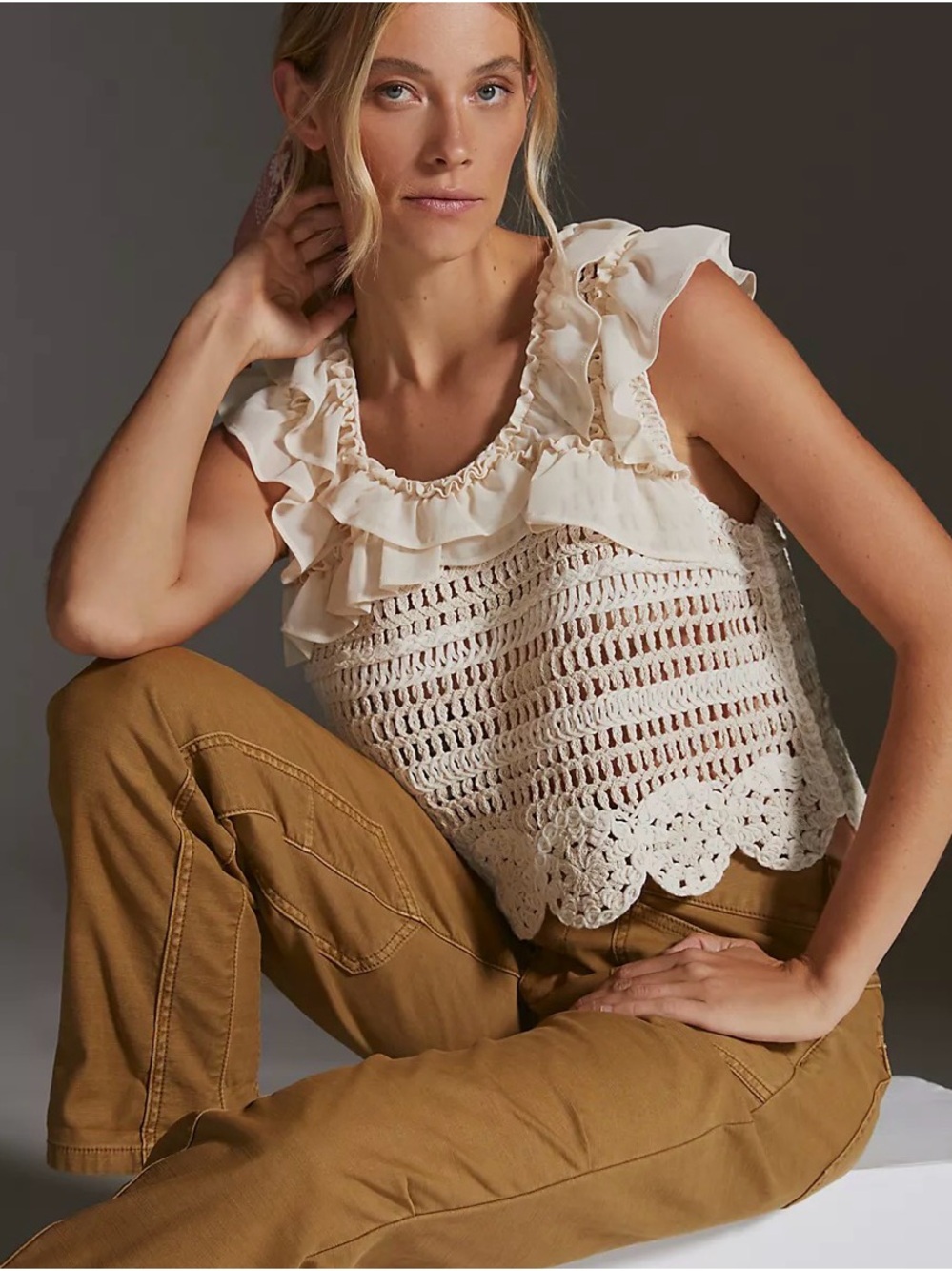 By Anthropologie Cream Ruffled Crochet Tank Top